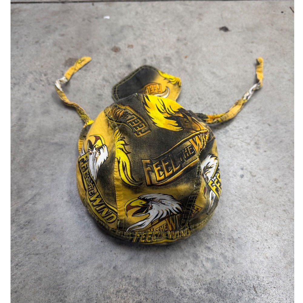 Vintage Biker Bandana Eagle Feel The Wind Yellow Black Headwrap Cap 90s Y2K